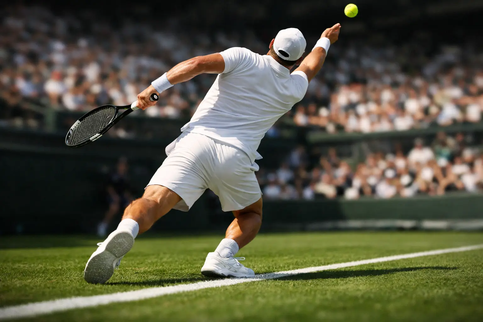 Tennis player in white attire performing powerful serve on grass court