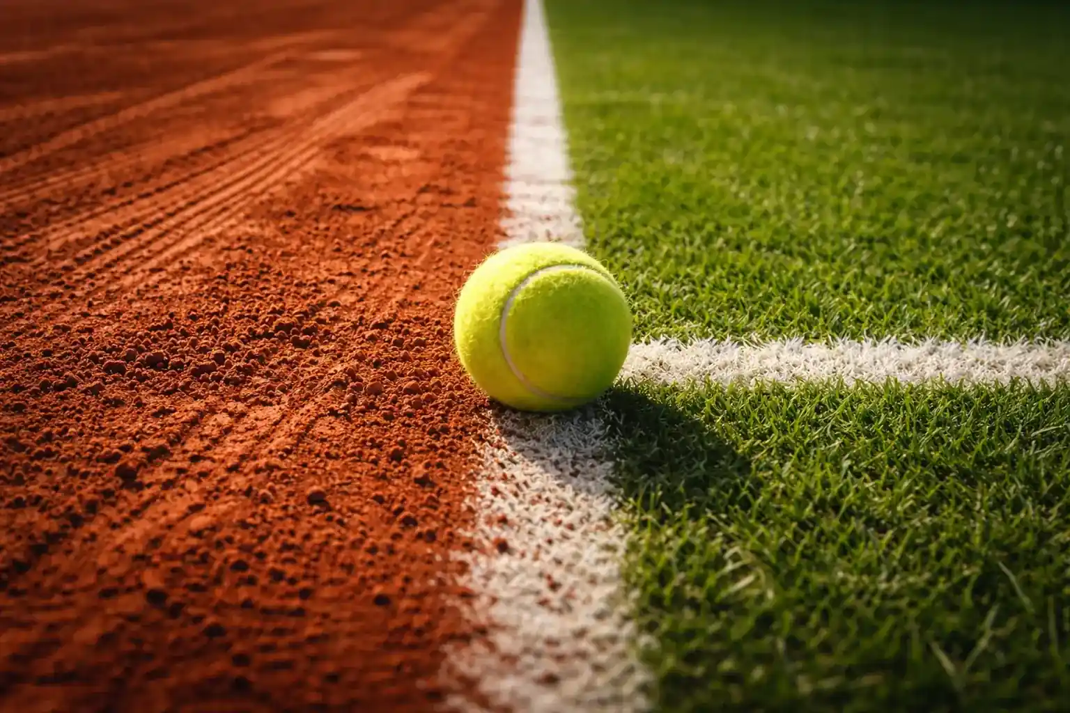 Visual comparison of clay court and grass court tennis surfaces side by side