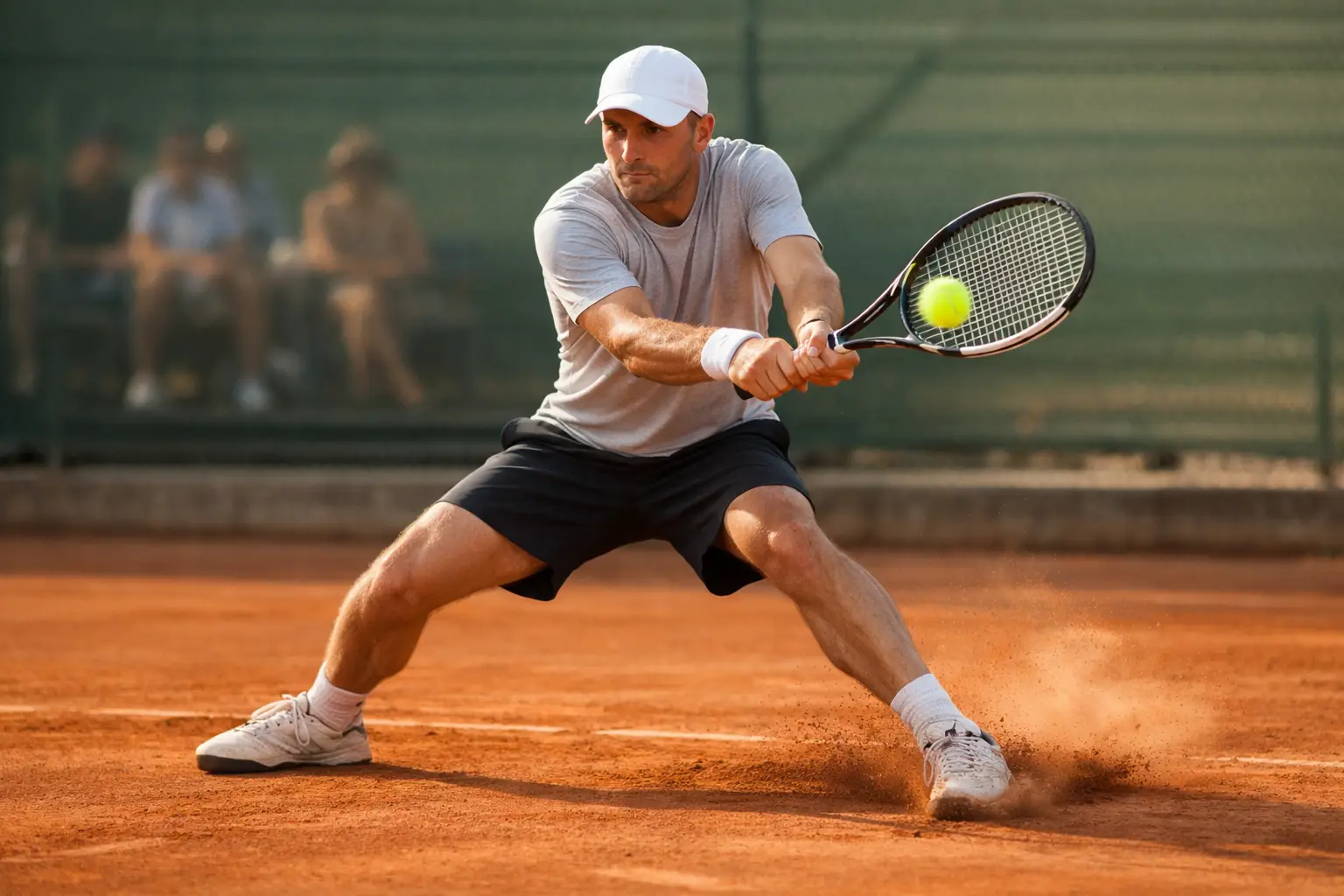 Tennis player executing solid two-handed backhand on clay court demonstrating consistent defensive technique and excellent footwork