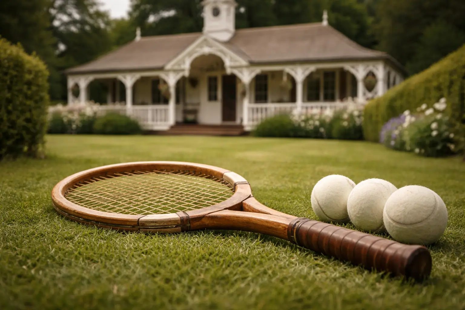 Vintage English tennis club with Victorian pavilion and classic wooden racquet on grass