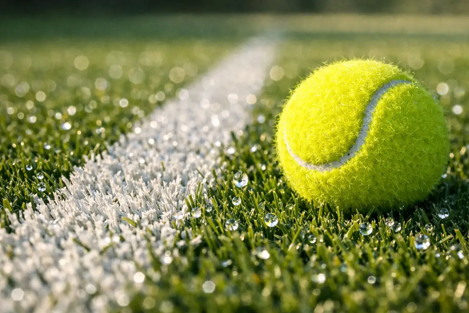 Close-up of grass court surface texture with tennis ball showing low bounce characteristics