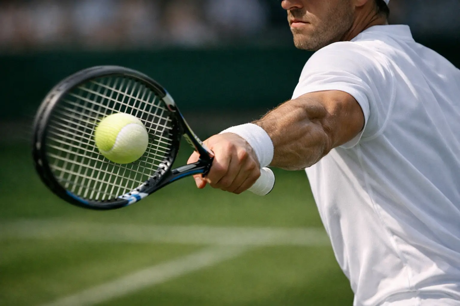 Dynamic close-up of a powerful left-handed tennis serve in motion on grass court showing elite technique and athletic power