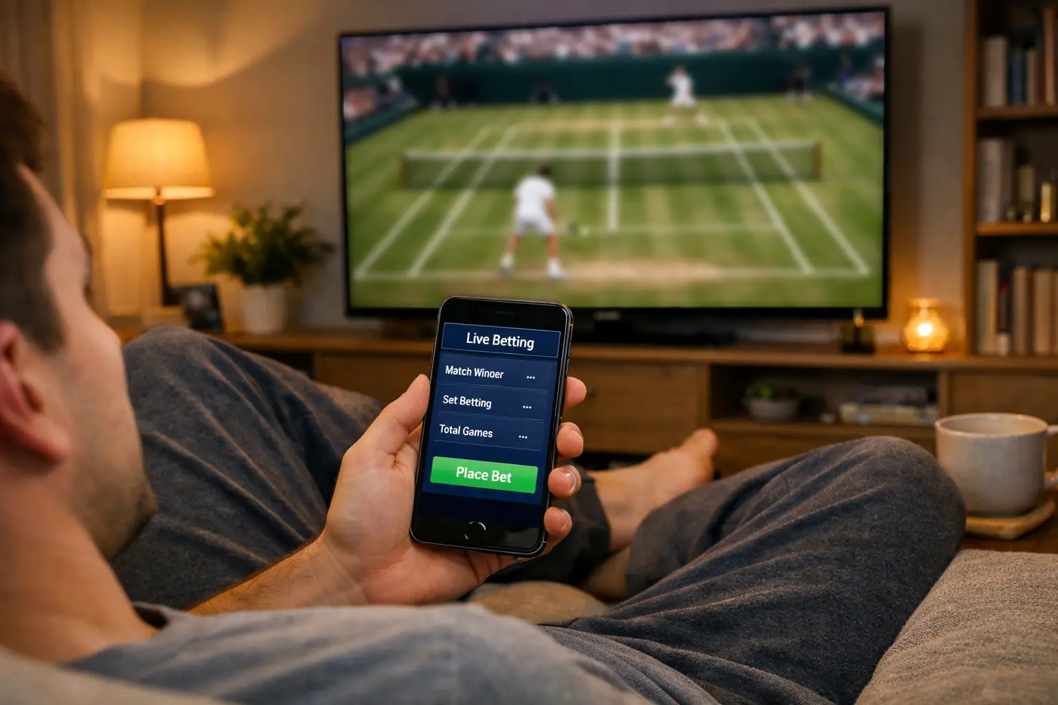Sports fan watching Wimbledon tennis match on television while checking betting odds on smartphone