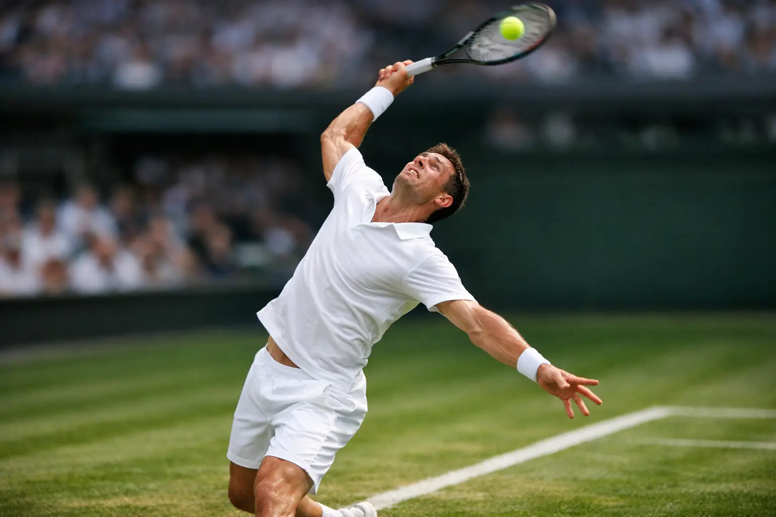 Male tennis player executing powerful serve on grass court during professional match