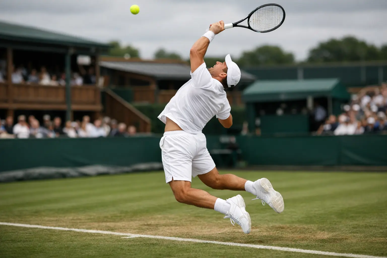 Professional tennis player executing powerful serve at Queen's Club grass court tournament