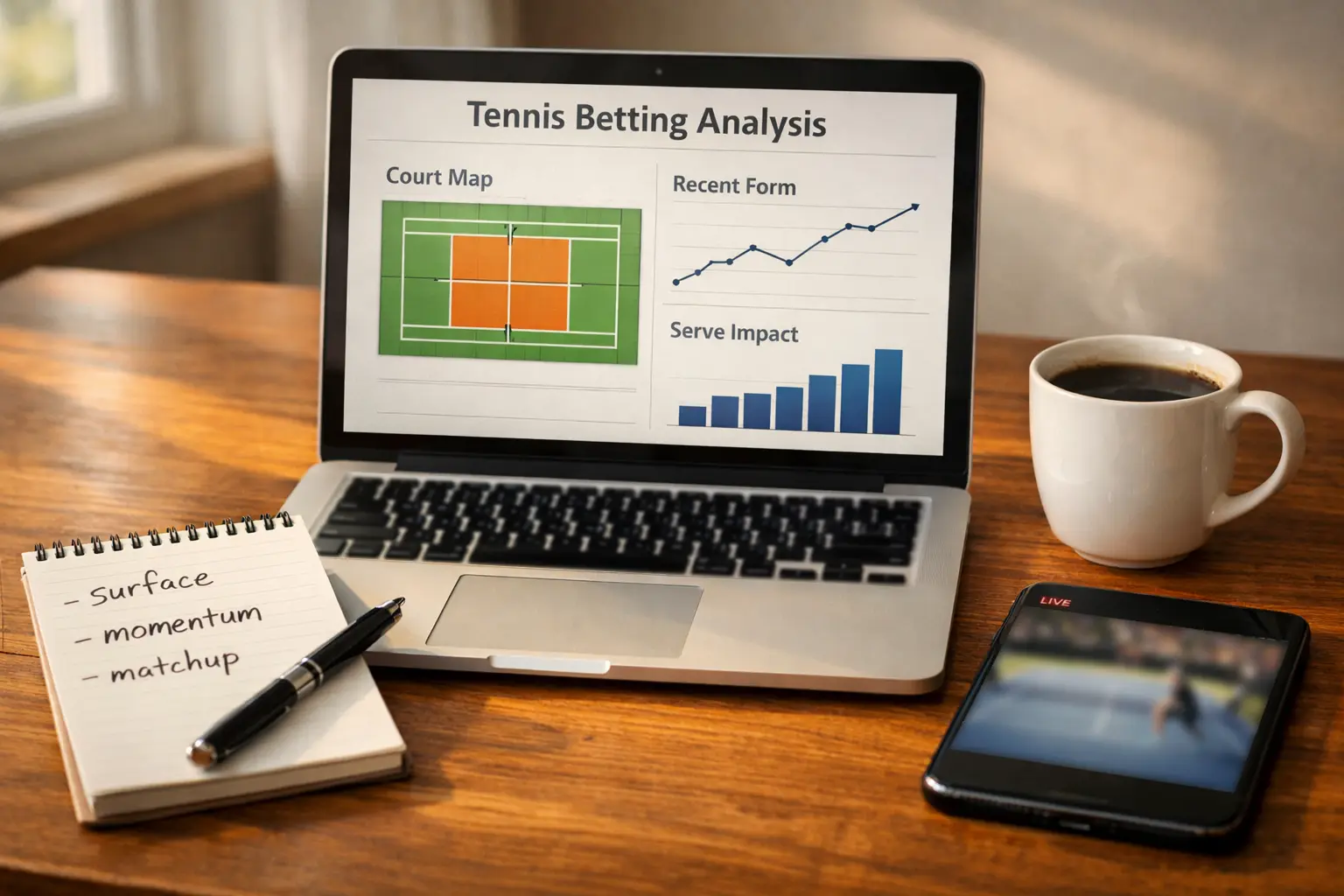 Professional workspace with laptop showing tennis court diagrams and match statistics, notepad with notes, smartphone displaying tennis match