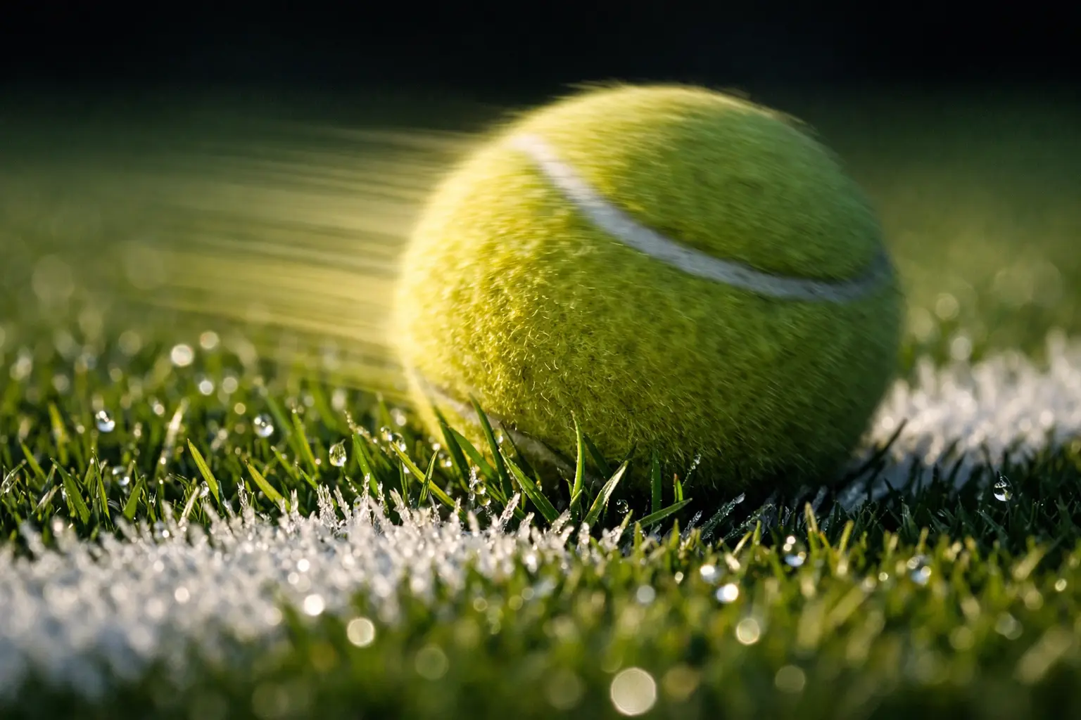 Tennis ball bouncing low on grass court surface showing characteristic skid trajectory