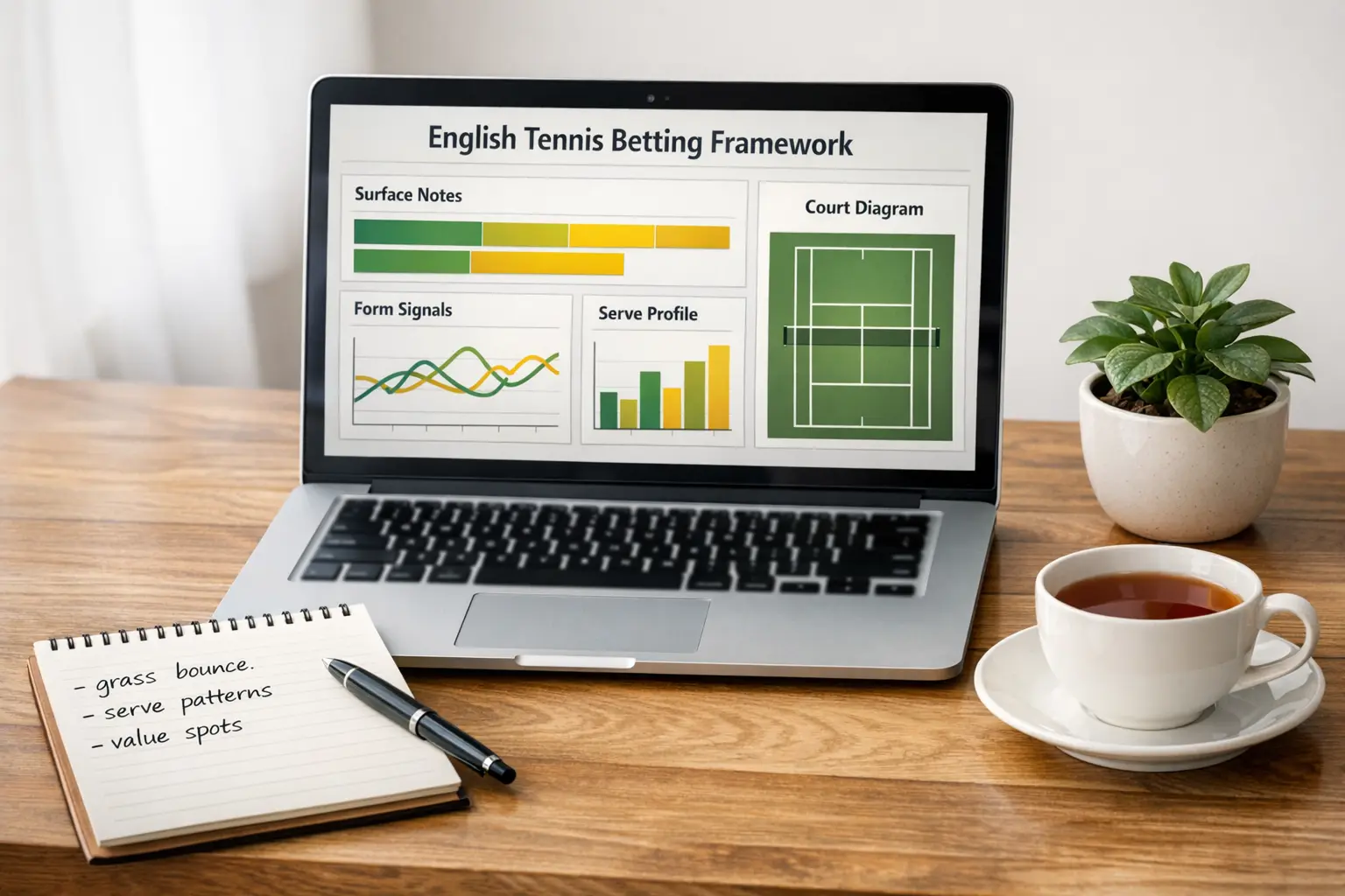 Professional workspace setup for sports analysis with laptop displaying tennis statistics