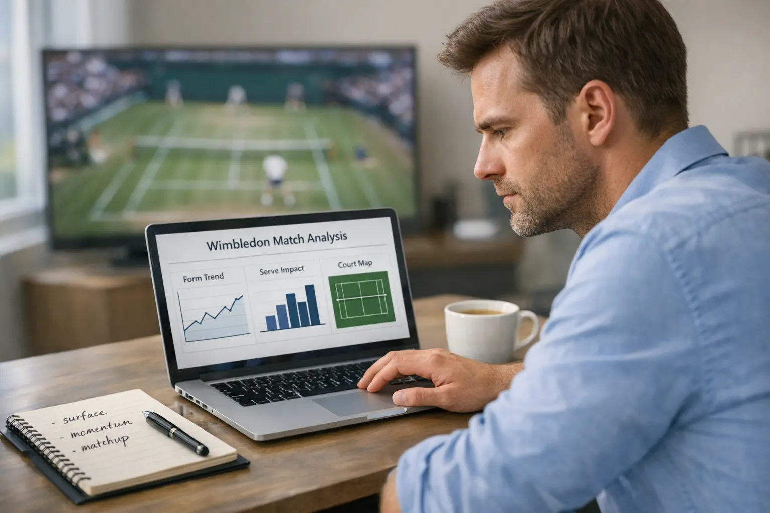 Professional analyst reviewing tennis statistics and betting data on laptop screen