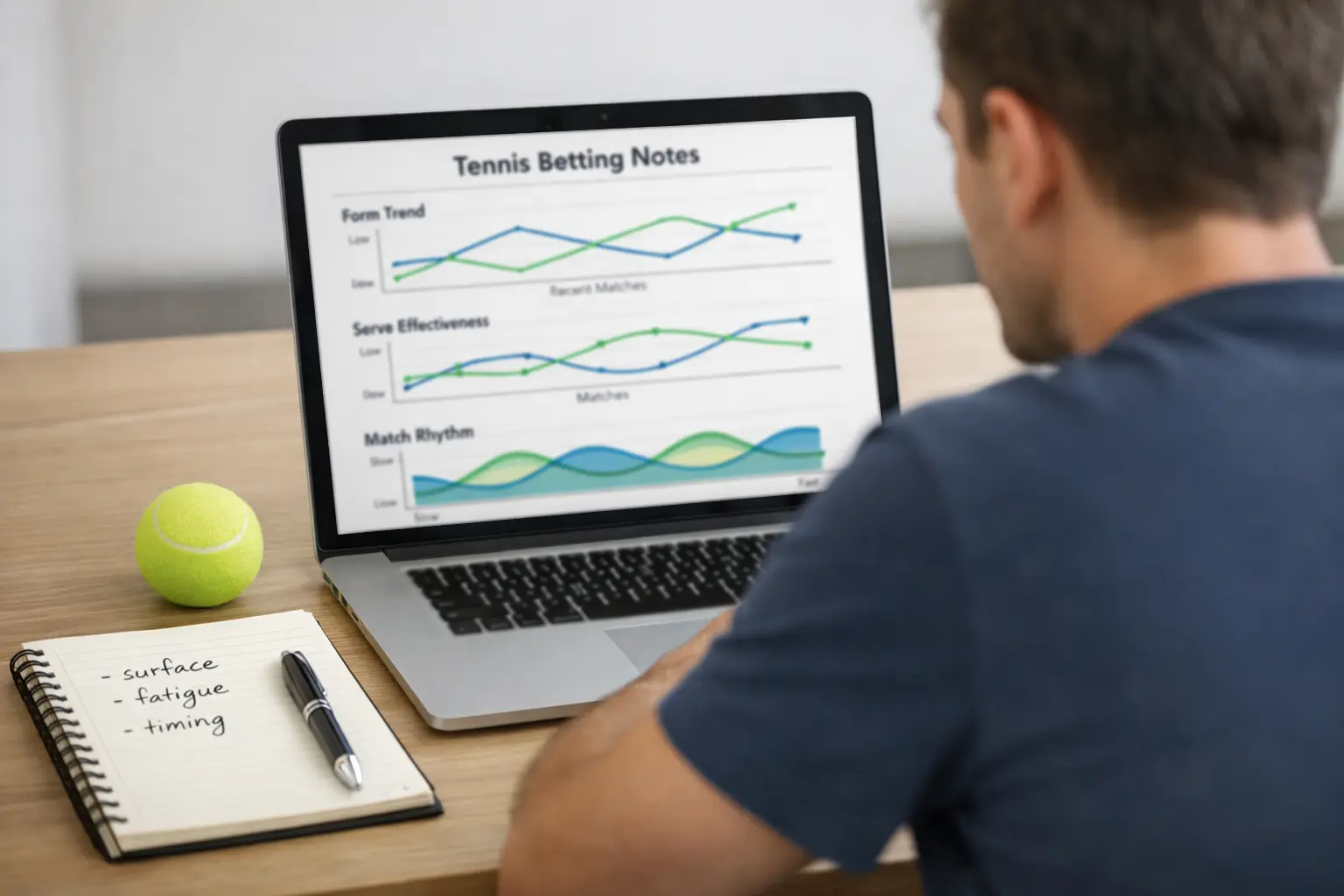 Professional analyst studying tennis statistics and performance data on laptop for betting strategy