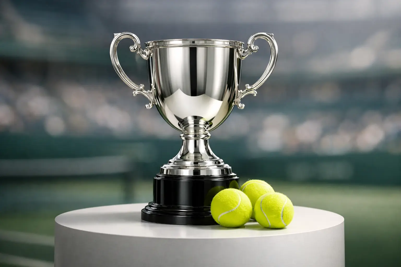 Prestigious tennis tournament silver trophy on a presentation podium