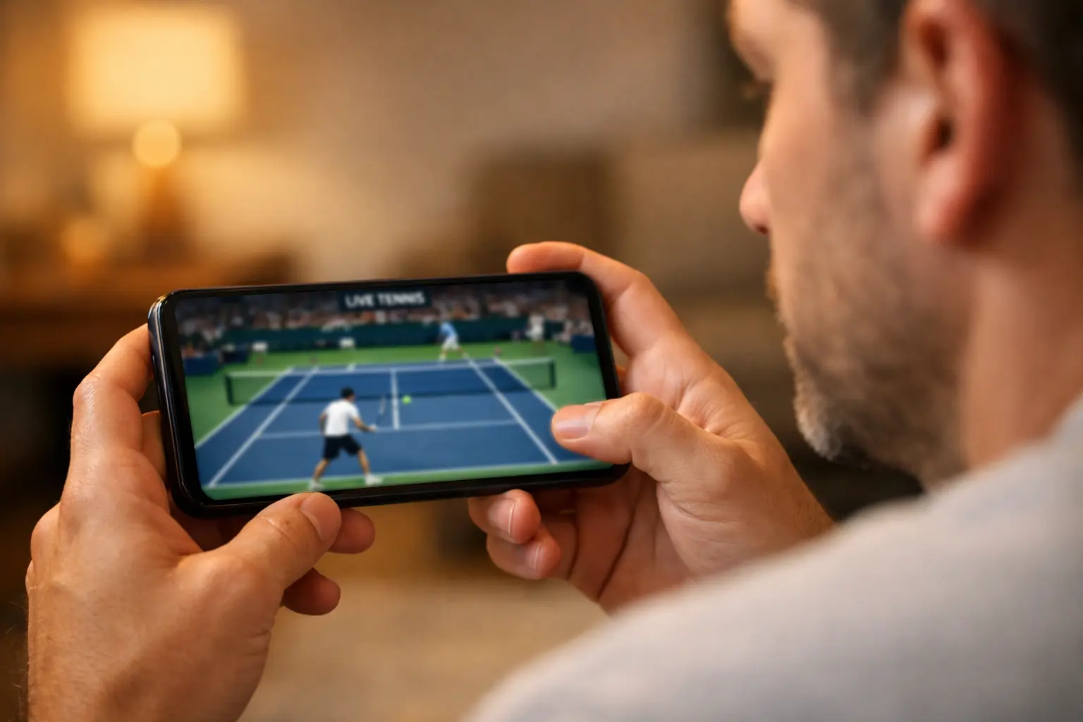 Person watching live tennis match on smartphone in comfortable indoor setting