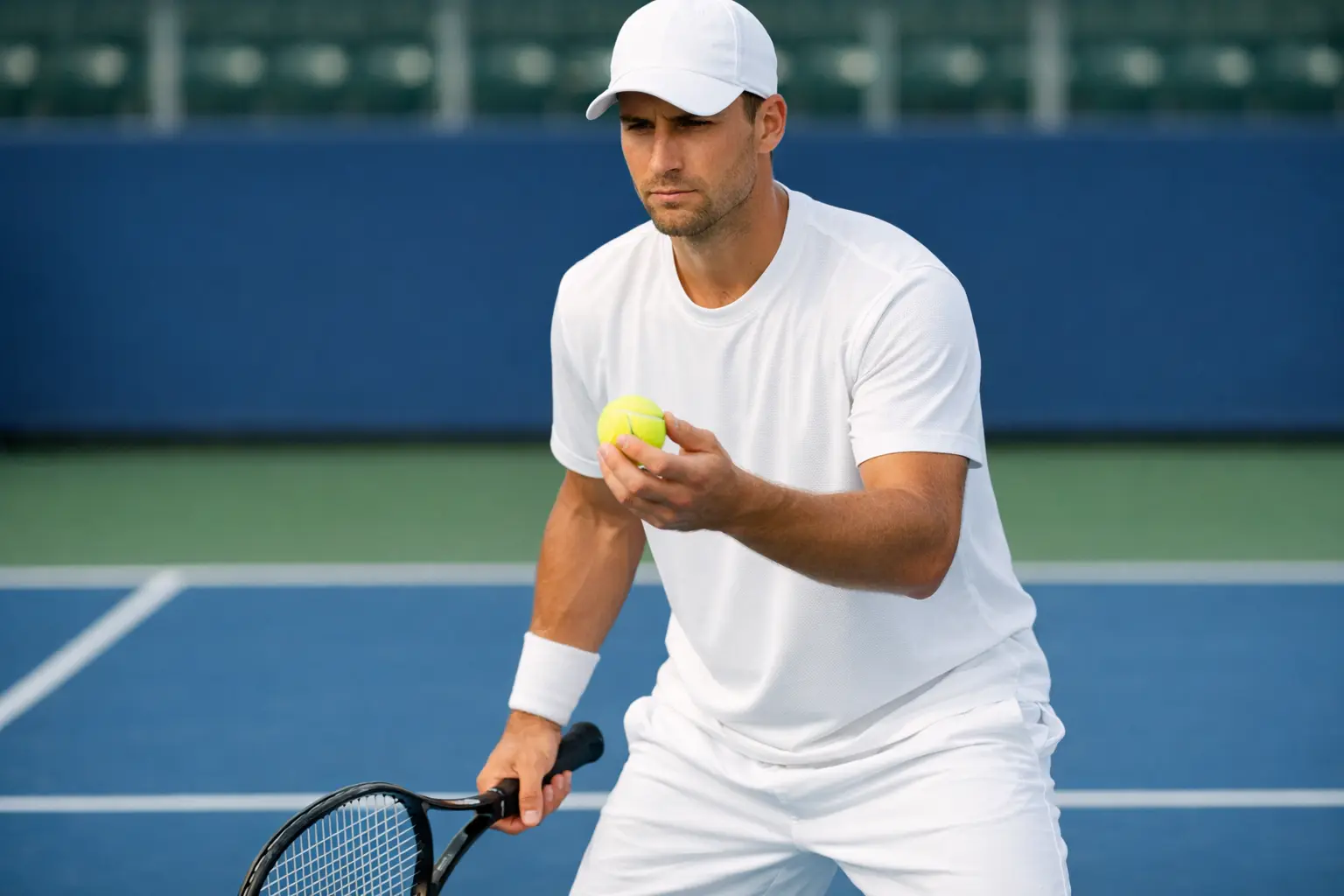 Focused tennis player preparing to serve on a professional hard court