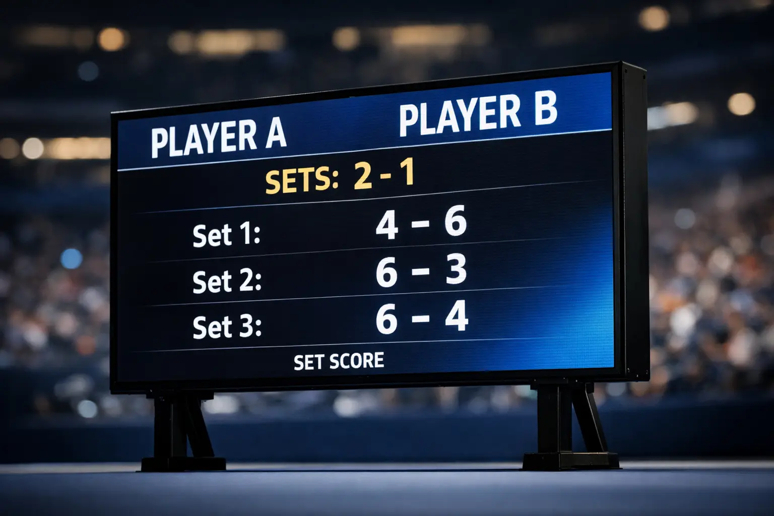 Professional tennis tournament LED scoreboard displaying set scores