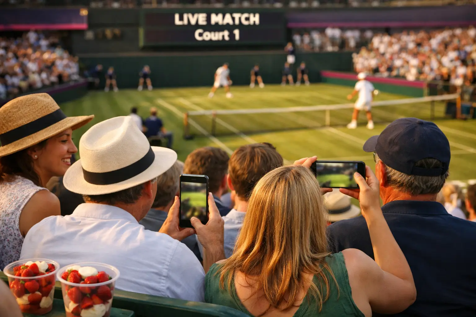 Tennis fans watching live grass court match from stadium seats at Wimbledon tournament