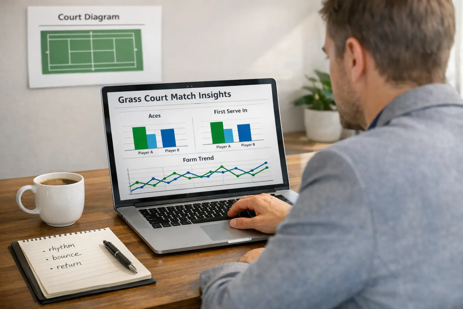Sports analyst studying tennis statistics and performance data on computer screen