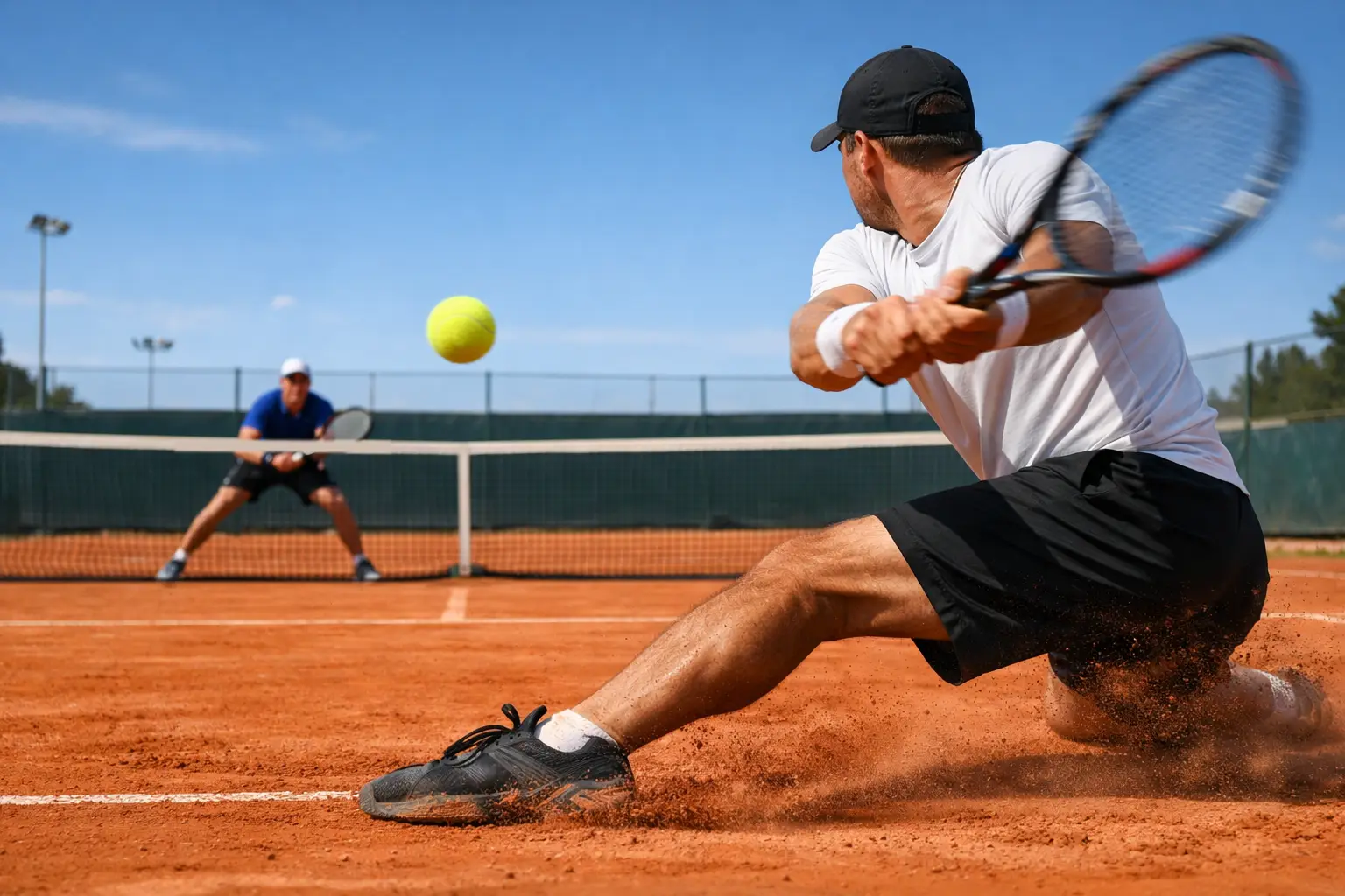 Intense tennis rally between two players on clay court captured mid-action