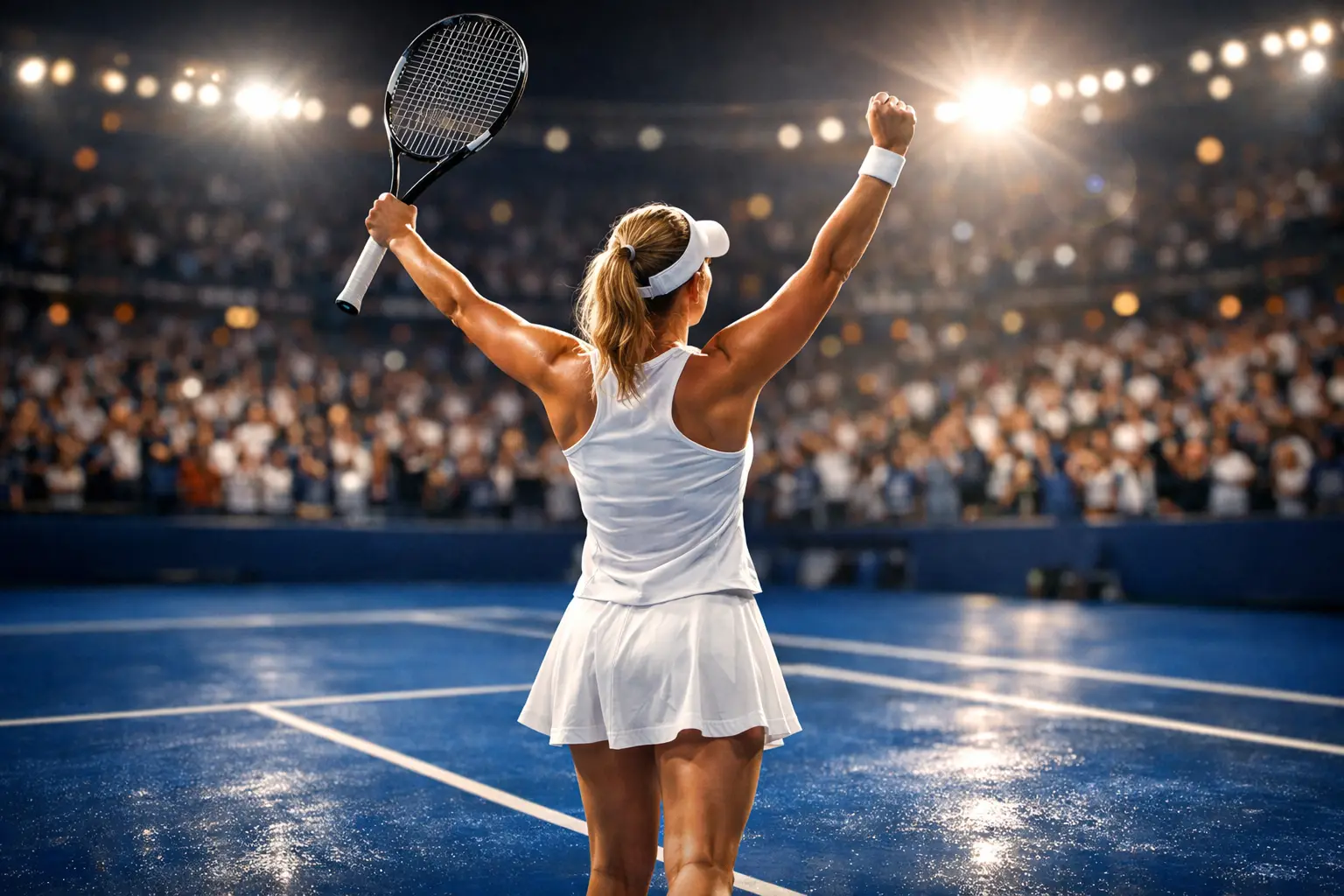 Female tennis player from behind with arms raised triumphantly toward stadium lights capturing emotional breakthrough victory moment