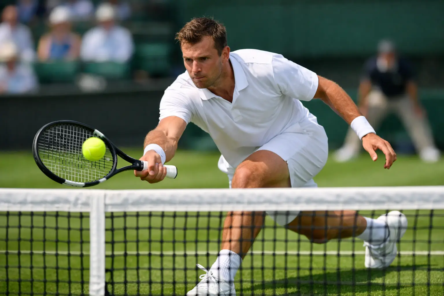 Tennis player executing volley shot at the net on grass court during tournament