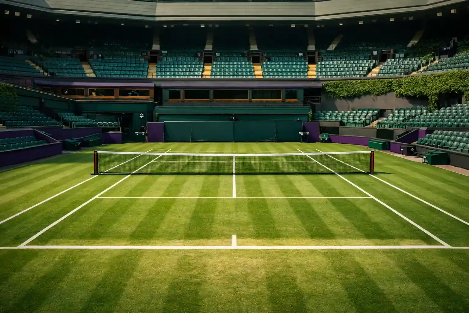 Iconic Wimbledon Championships atmosphere with pristine grass court and traditional purple and green colours