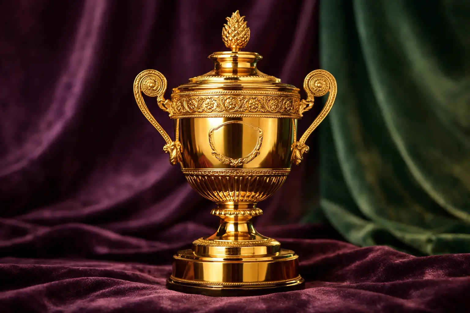 Wimbledon championship trophy on display with purple and green tournament colours in background